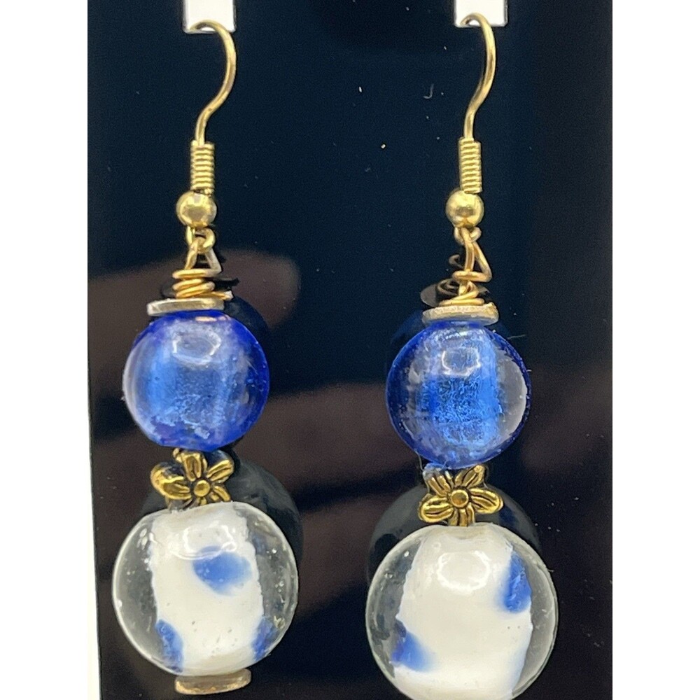 Vintage Blue & White Glass Round Orb Dangle Earrings 2 1/4 “ Long - Picture 5 of 9